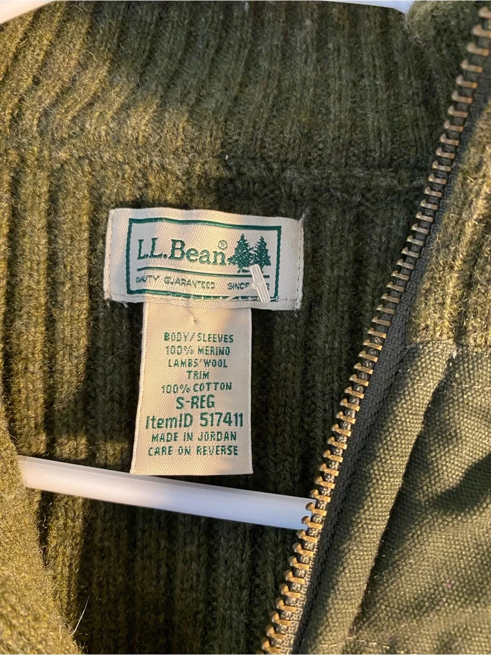 LL Bean Commando Olive Green Knit Zip-Up Lambswool Sweater Jacket